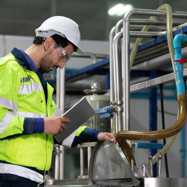Ingenieur oder Fabrikarbeiter, der einen Tablet-Computer verwendet, um Tanks und Rohre in der Fabrik zu reparieren Ingenieur oder Fabrikarbeiter, der einen Tablet-Computer verwendet, um Tanks und Rohre in der Fabrik zu reparieren