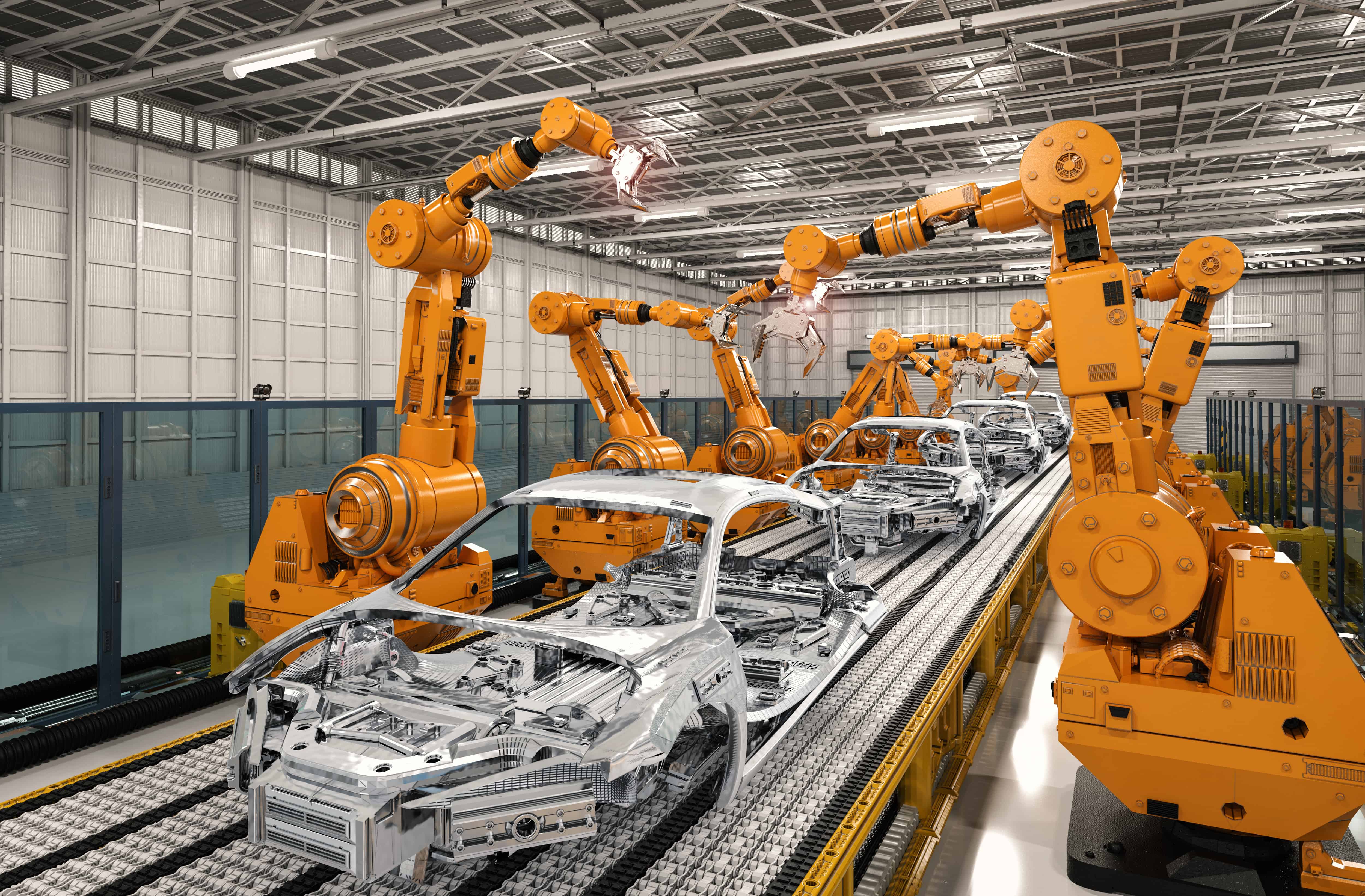 3D-Rendering-Roboter-Montagelinie in der Autofabrik