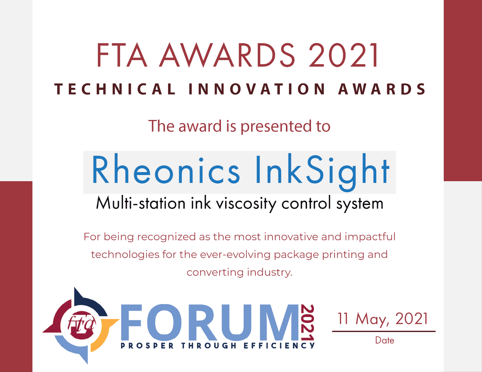 Βραβεία FTA Technical Innovation - Rheonics InkSight - 2021