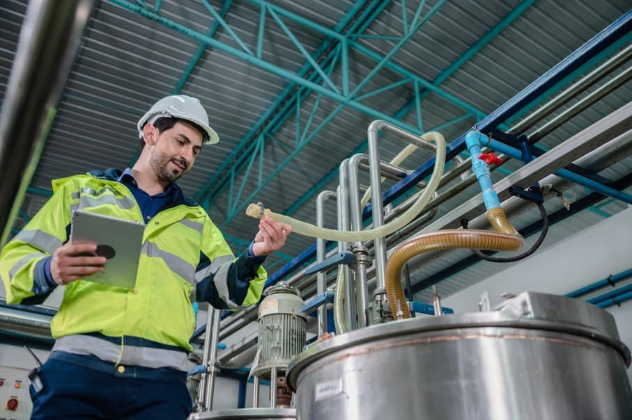 technik inženýr pracující na údržbě průmyslu stavebních zařízení, výrobní technologie v továrně, muž pracující na bezpečnostním kontrolním systému v továrně na výrobu produktů