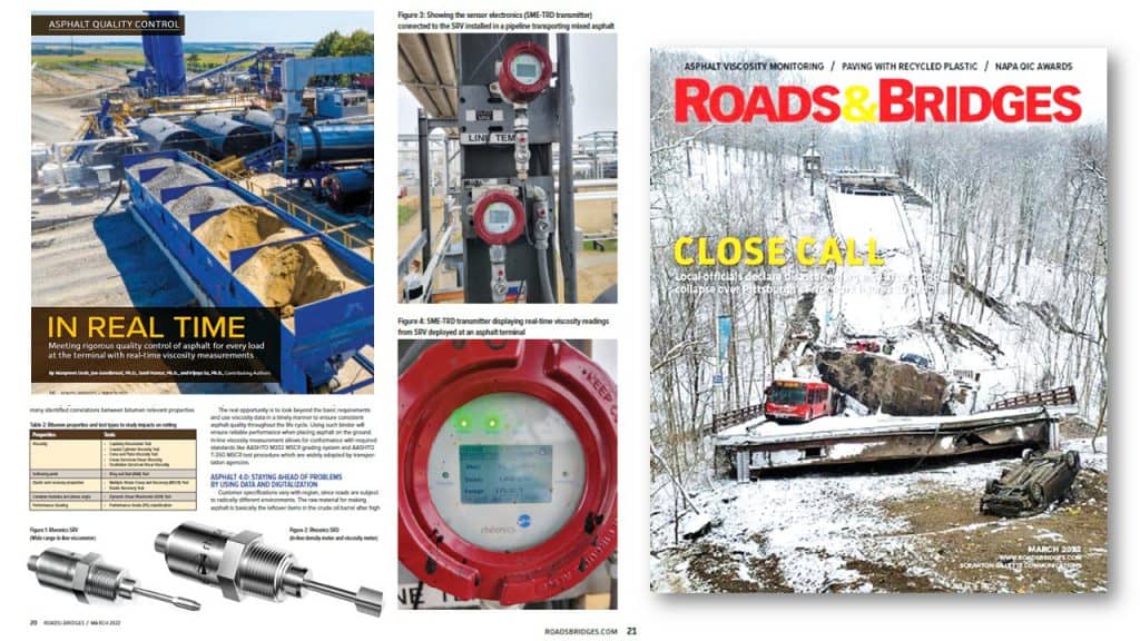 Roads & Bridges Magazine, March 2022 Issue features Rheonics Technology – “Asphalt 4.0: Meeting rigorous quality control of asphalt for every load at the terminal with real-time viscosity measurements”
