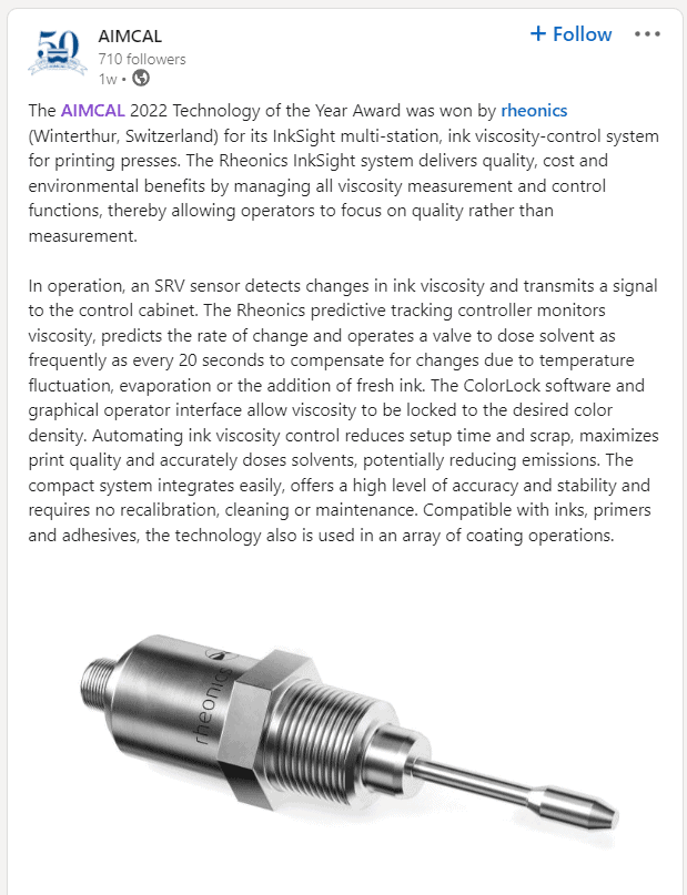 Rheonics AIMCAL Awards 2022