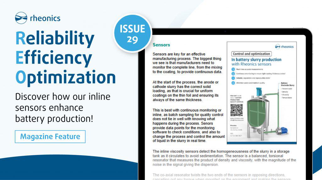 E-Mobility Engineering magazine 2025 features Rheonics inline density and viscosity sensors for an effective monitoring process in a battery slurry production