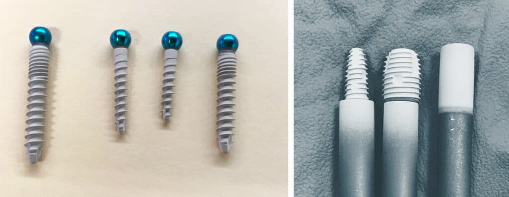 Figure 5: Assorted titanium pedicle screws coated in hydroxyapatite via Himed&MATRIX HA™