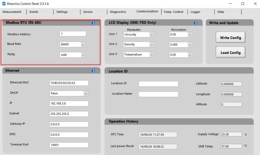 RCP software and the communication tab are used for Modbus RTU configuration.