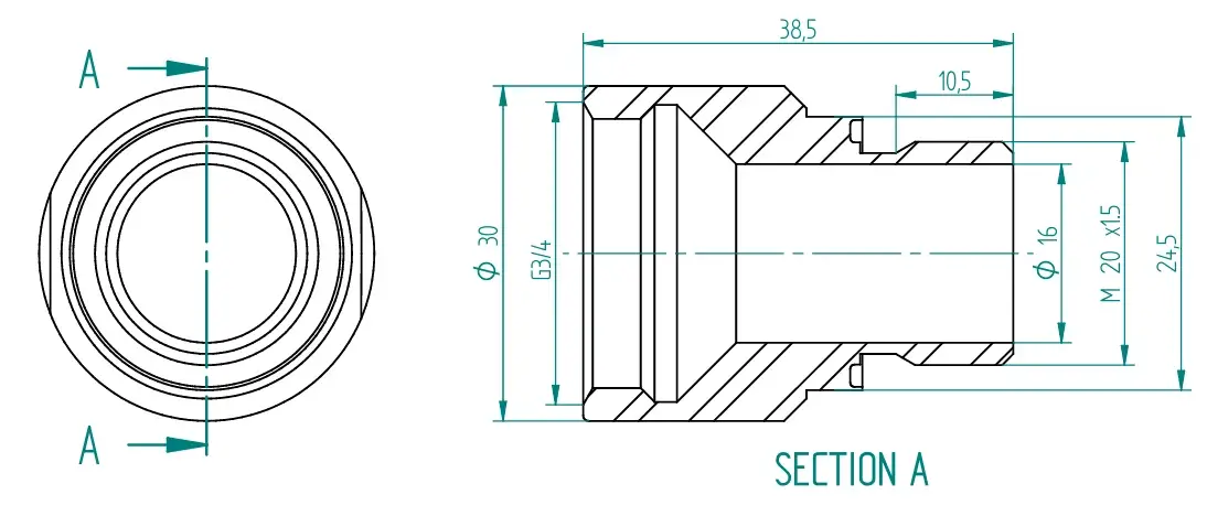 G3/4” to M20x1.5 thread adapter provided by Rheonics
