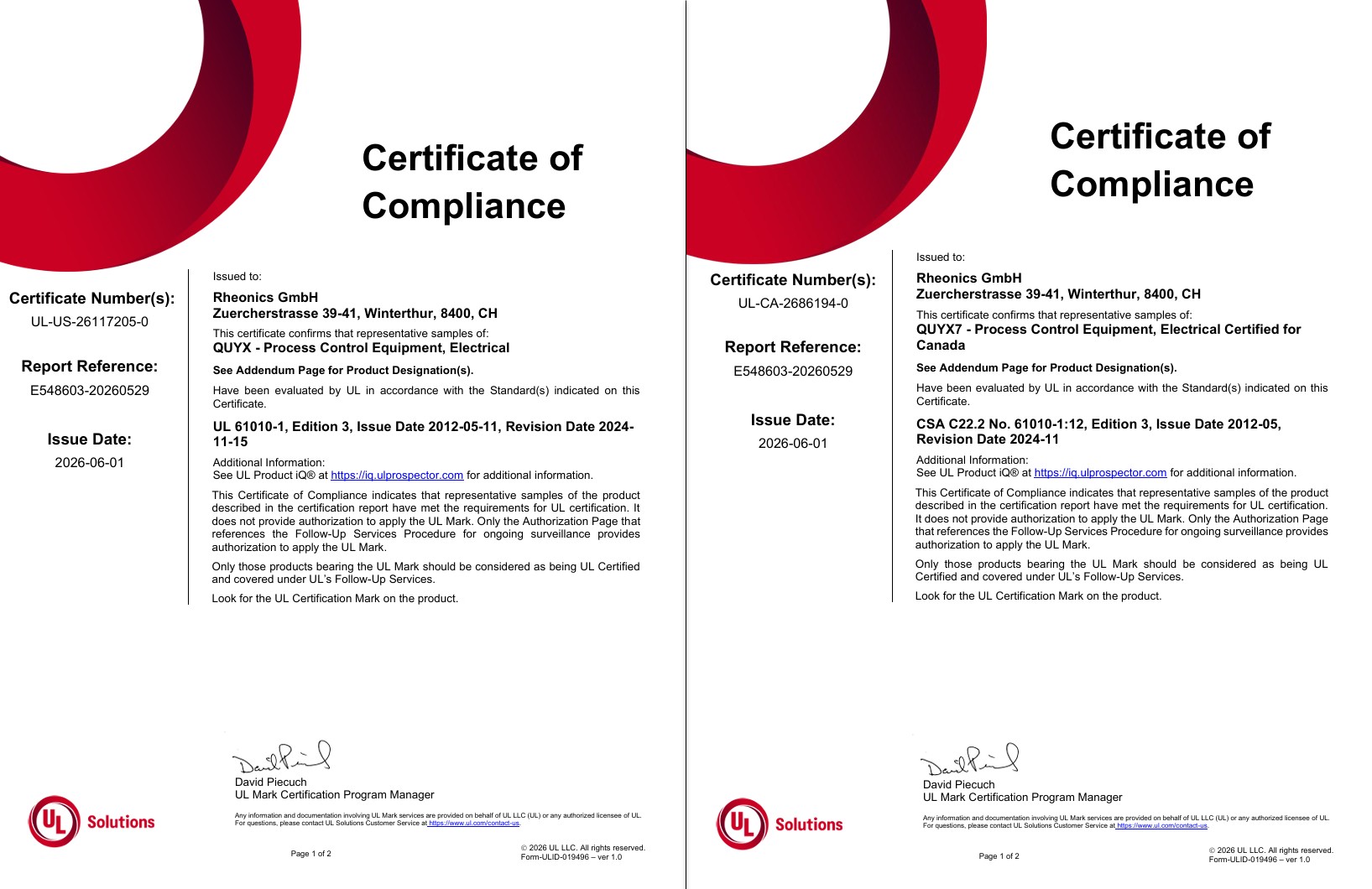 UL Certificate of Compliance