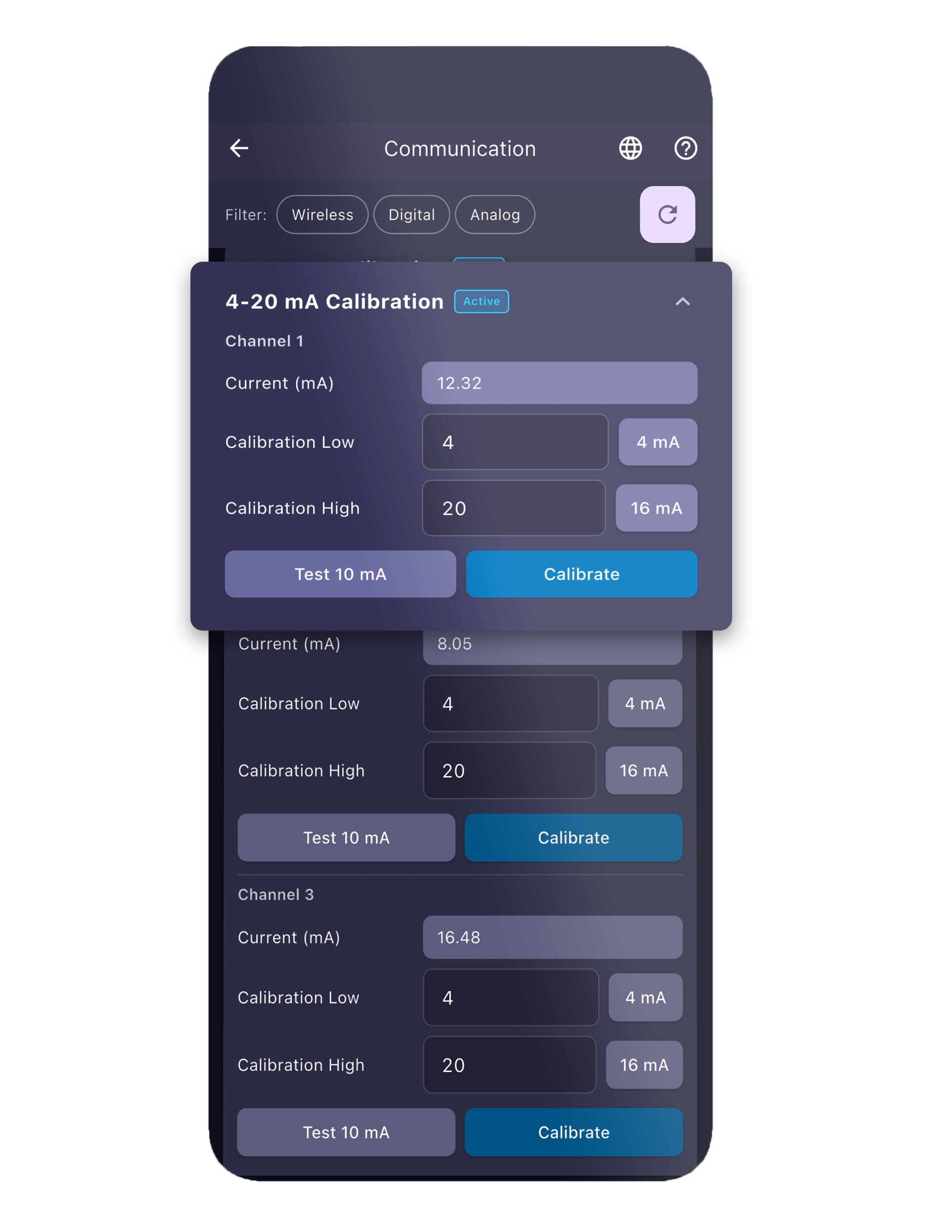 Communication 4-20 calib of sensor view app