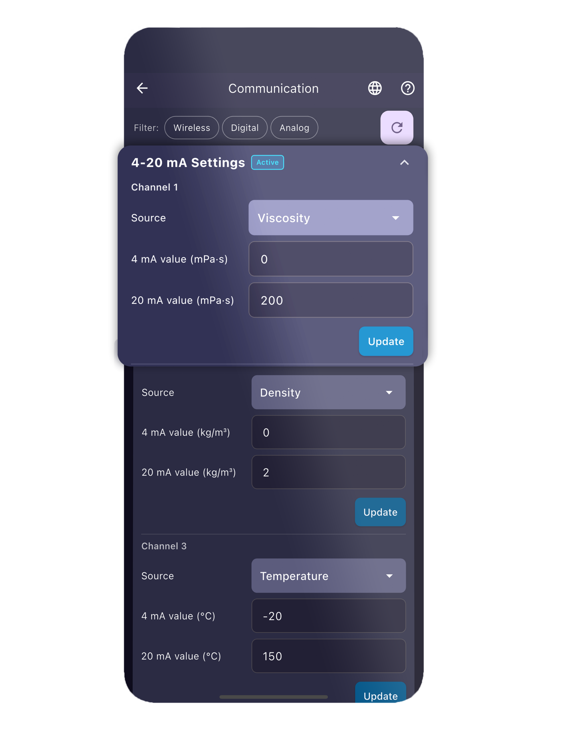 Communication 4-20 sett of sensor view app
