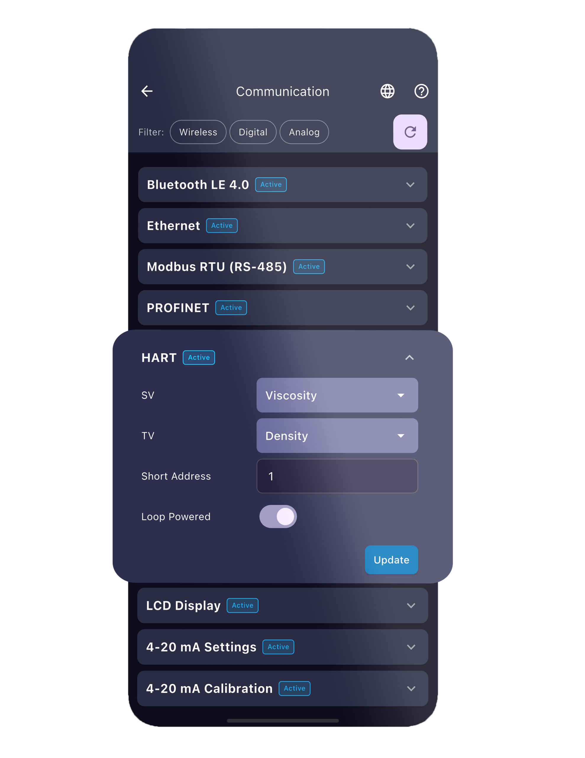 Communication HART of sensor view app