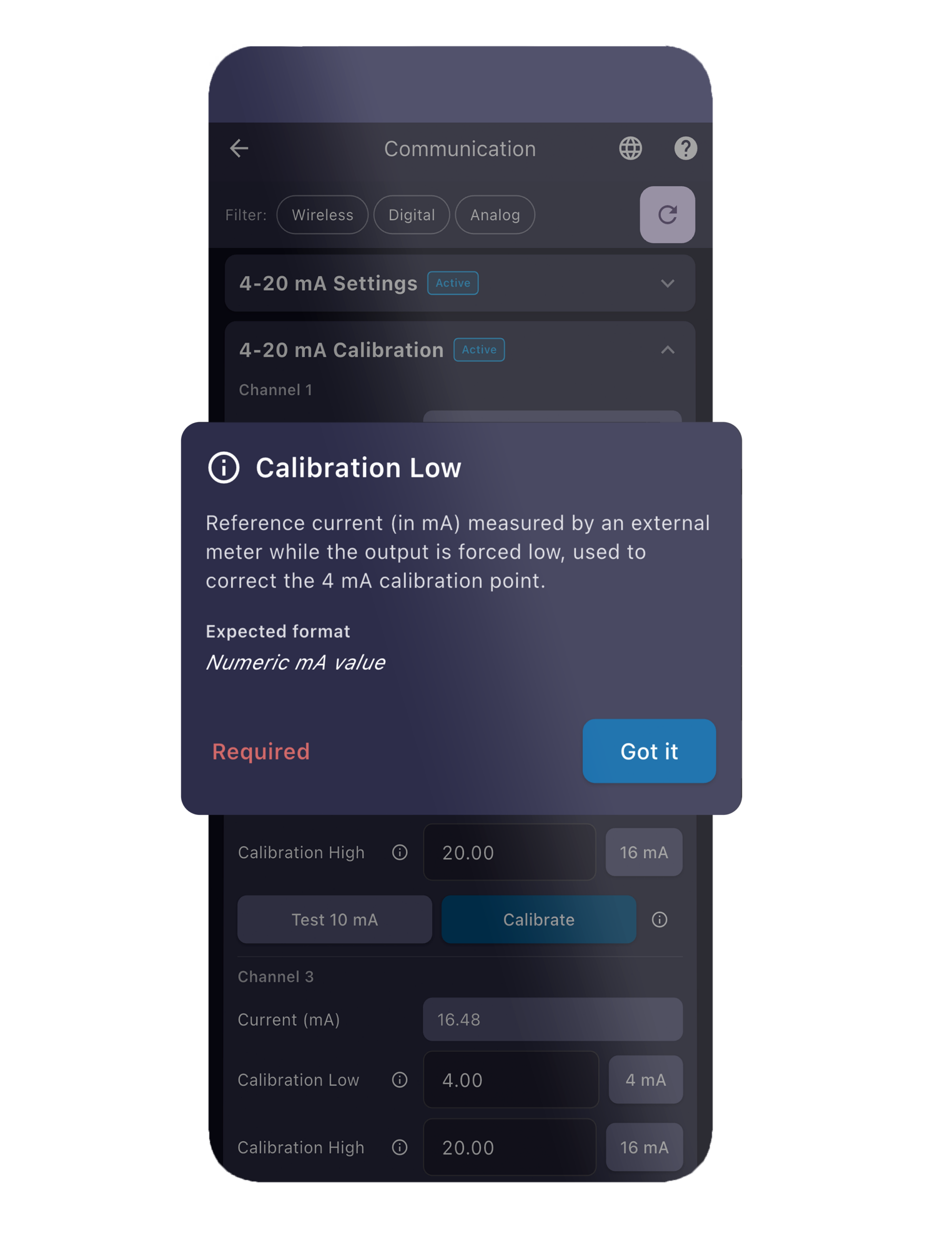 Help popup of sensor view app