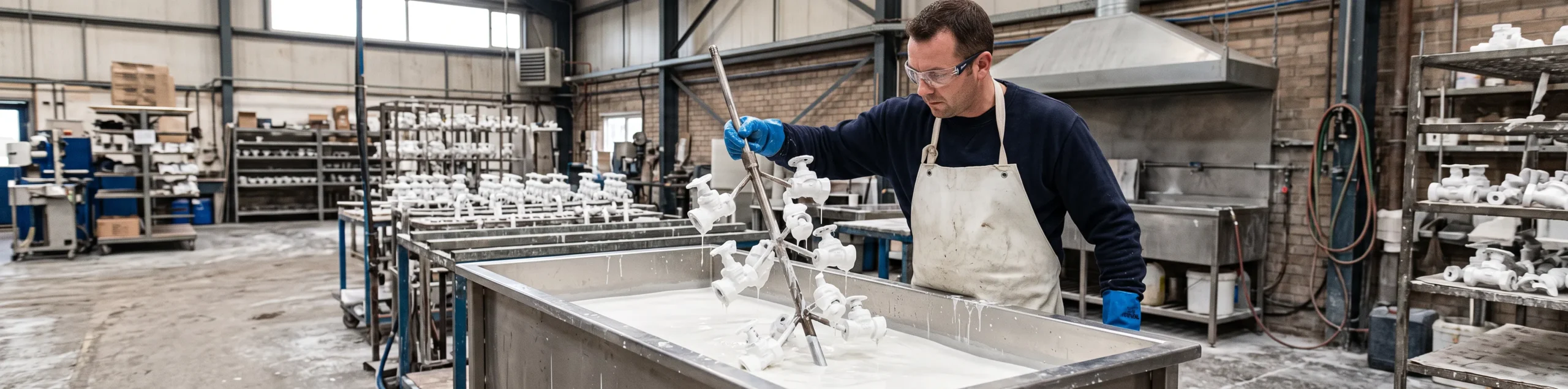 operator dipping wax in ceramic slurry